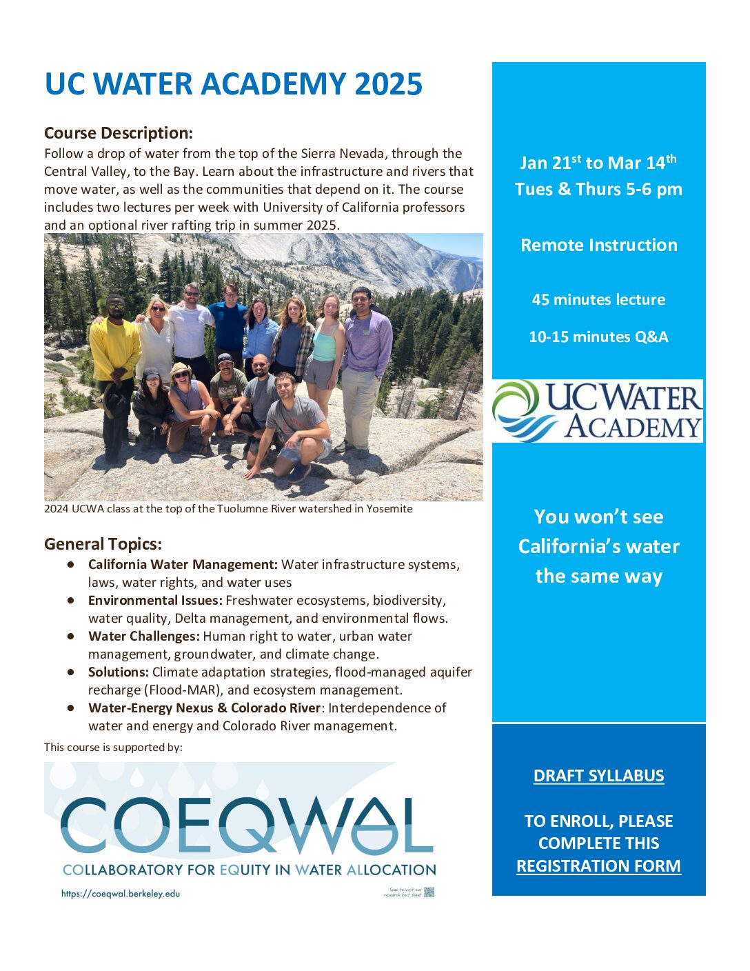 Poster for the 2024 University of California Water Academy that includes images of Hetch Hetchy, past students, white water river rafters, and native fish.